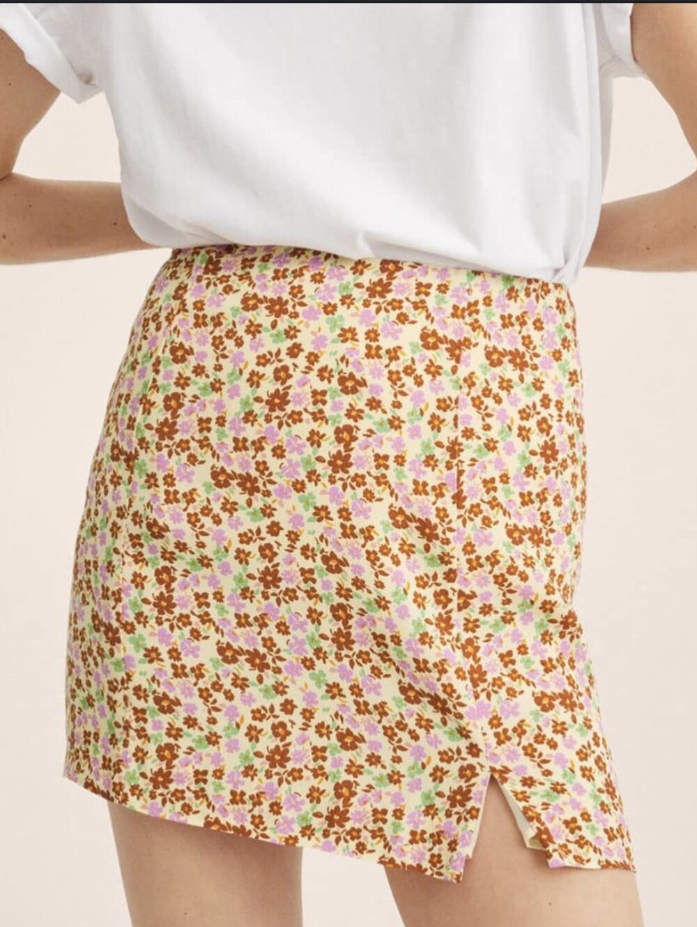 Mango Floral Mini Skirt in Cream, Brown and Pink